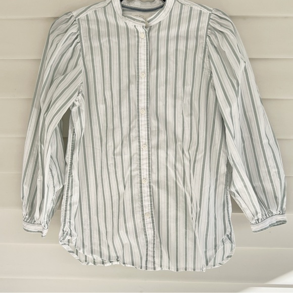 J. CREW Classic-fit collarless puff-sleeve shirt in green stripe, Size 4 - Picture 2 of 7